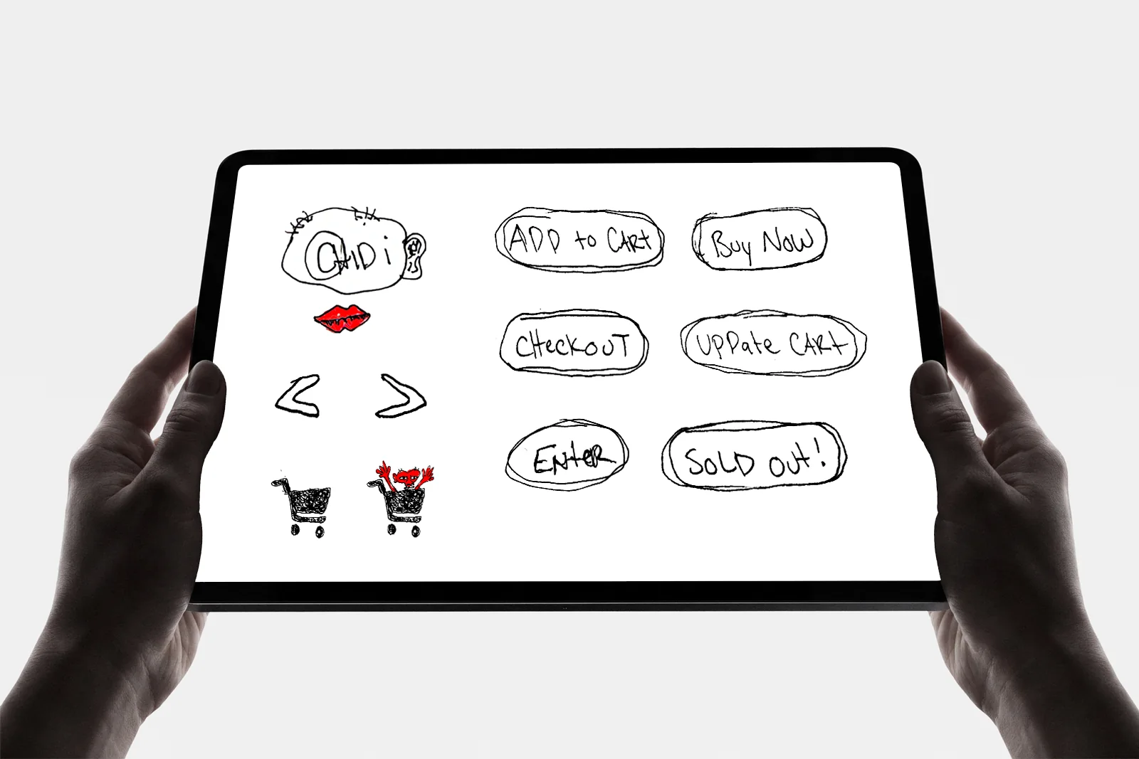 Hand-drawn shop buttons for Chidiebere Udogwu on a tablet held in two hands