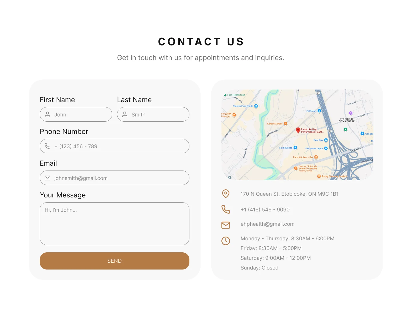 Contact section: the form beside the map, address, phone, email and hours