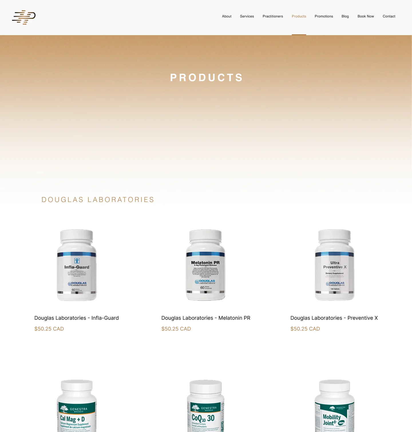 Products page: supplements in a three-column grid with prices