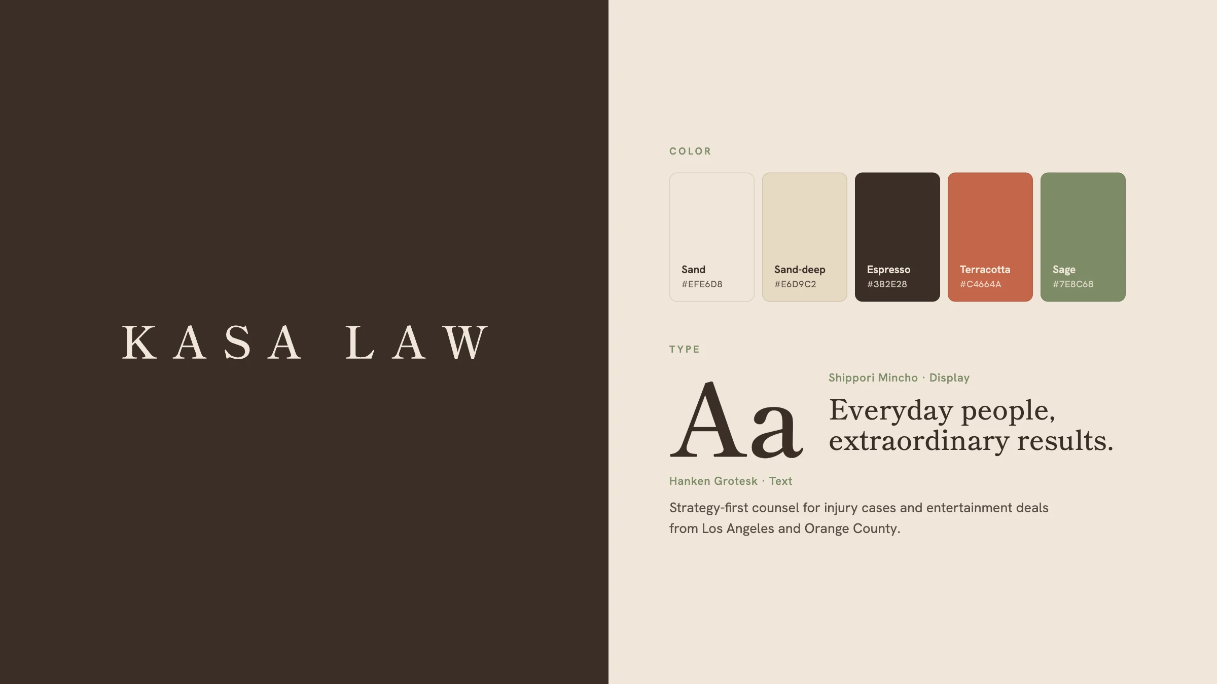 Kasa Law brand system: wordmark, color palette, and typography
