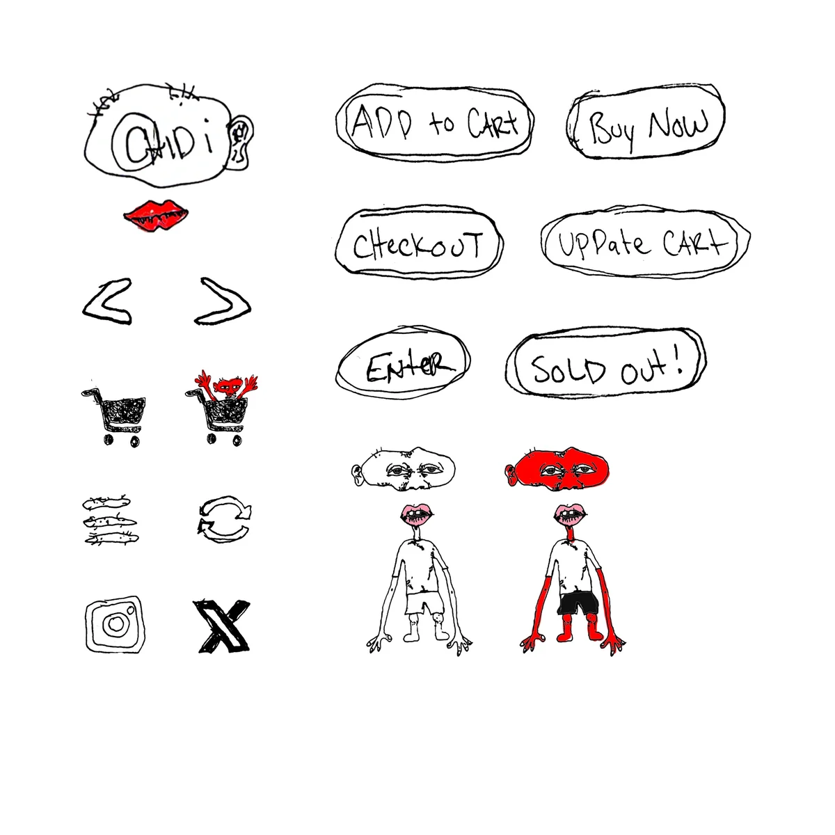 Hand-drawn UI kit: buttons, icons, and characters
